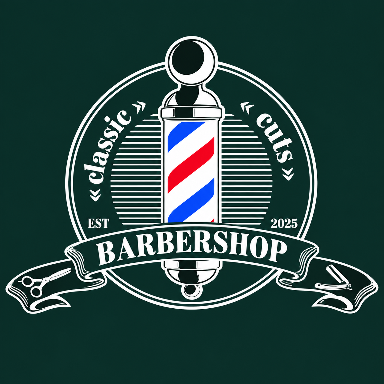 Classic Cuts Barbershop Logo mit rot-weiß-blauer Barbiersäule, Schere und Rasiermesser